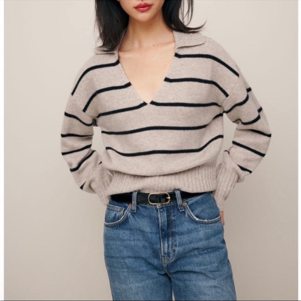 Reformation Beige And Black Striped V-Neck Sweater